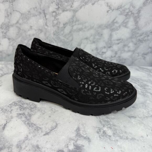 Clarks Black Leopard Print Loafers - Picture 4 of 8
